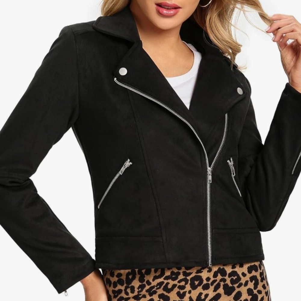 S P Y M Womens Medium Jacket, Moto Biker Suede Coat Black
